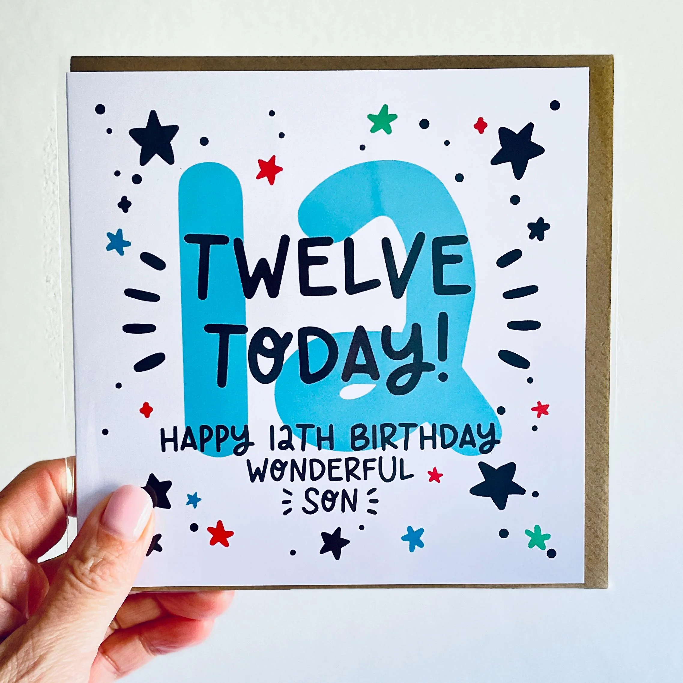 Son 12th Birthday Card; Blue 12, Twelve Today with Stars and Kraft Envelope