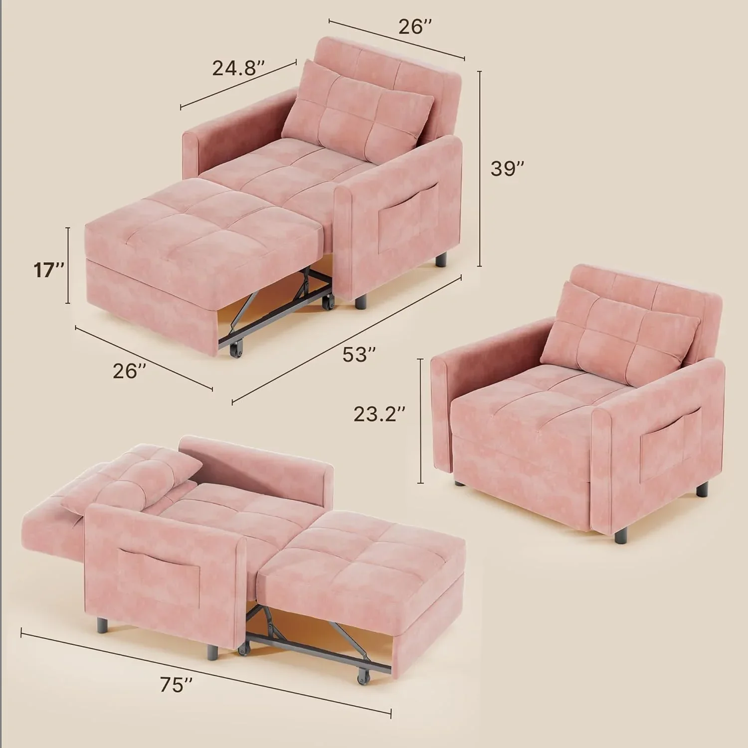 Sofa Bed Chair 3 in 1 Convertible Pullout Single Sleeper Chair Bed Spacious Multifunctional Sofa