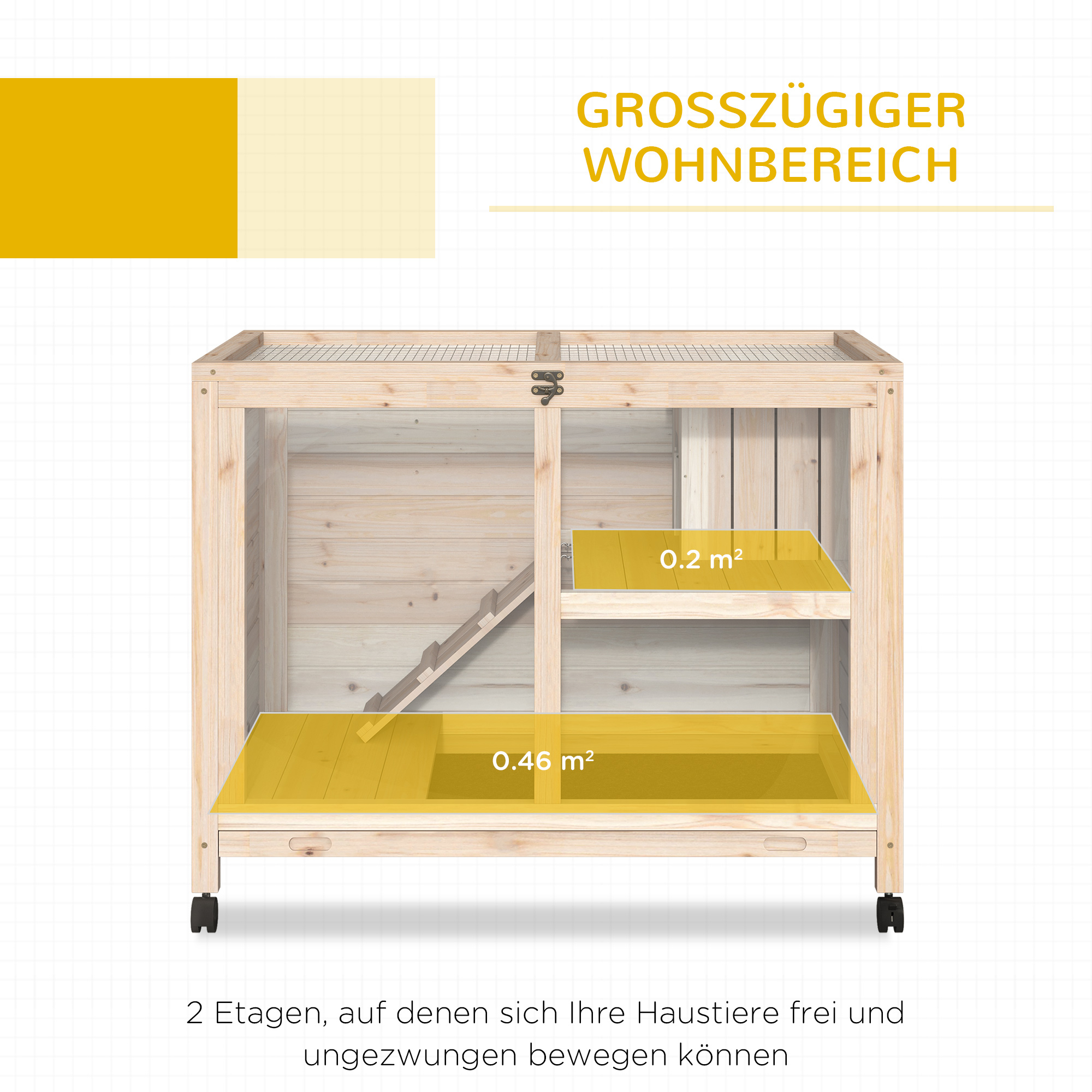 PawHut konijnenhok konijnenhok met twee verdiepingen op wielen massief hout naturel