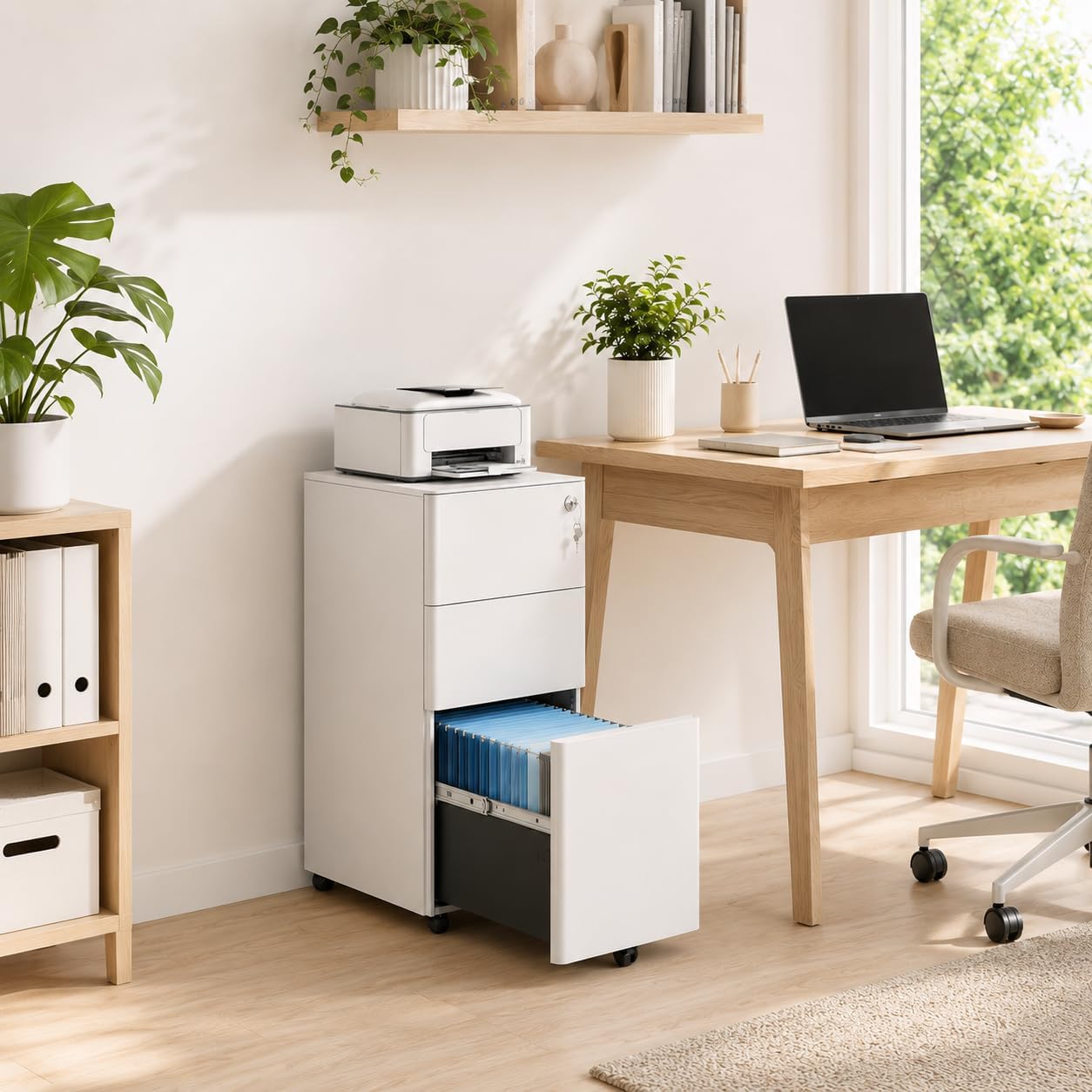 3 Drawer File Cabinet with Lock, Fully Assembled Rolling Printer Stand Under Desk, White Filing Cabinet for Legal/Letter Size, Home Office, 17.7