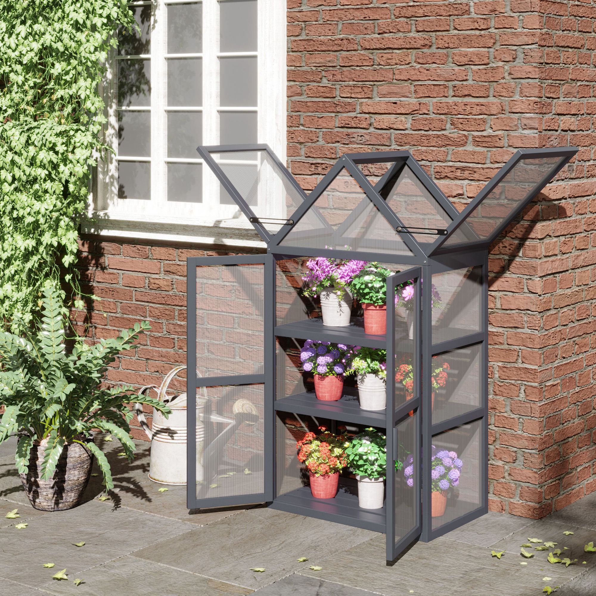 Outsunny kas met 3 planken, massief hout, behuizing van polycarbonaat, grijs, 70,5 x 42 x 132 cm