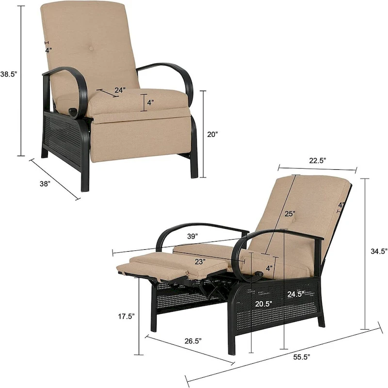 Adjustable Recliner Lounge Chair Patio Lounge Sofa with Cushion - 38 (D) x 26.5 (W) x 38.5 (H) INCH