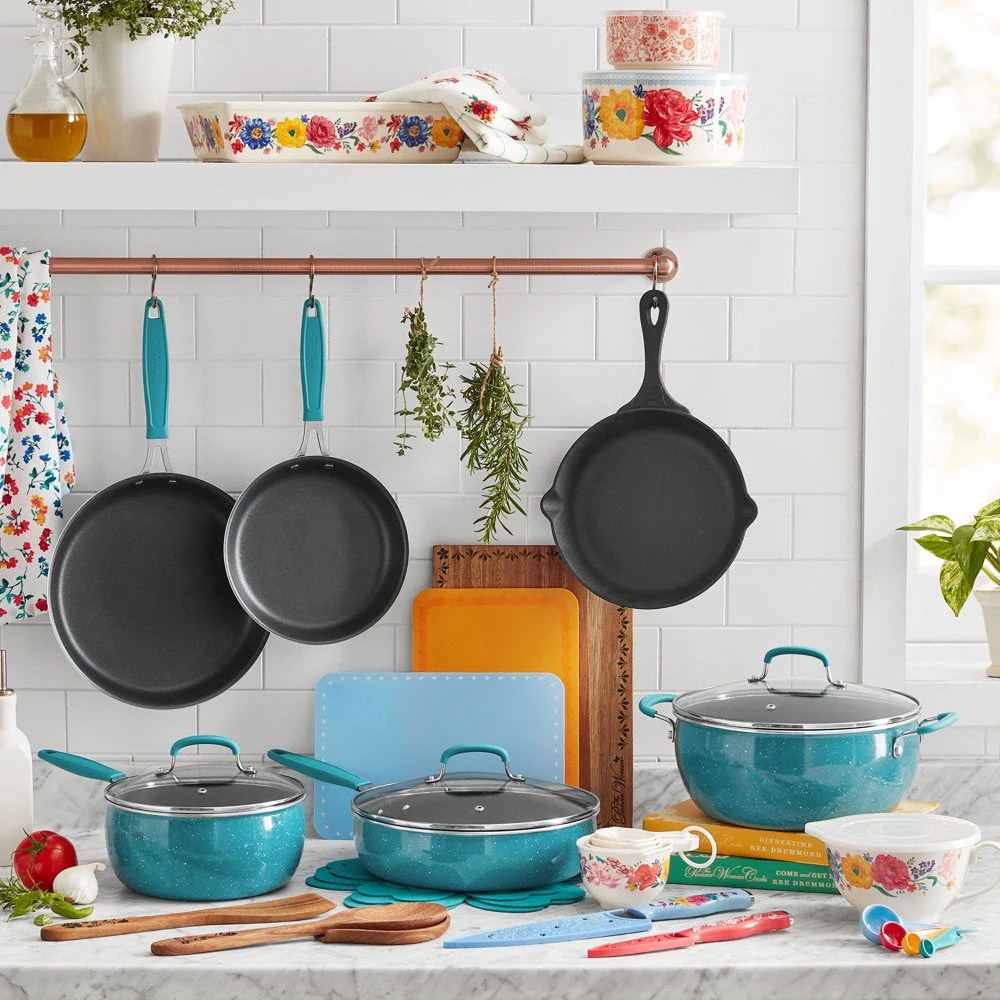 The Pioneer Woman Brilliant Blooms 38-Piece Cookware Set, Teal 锟斤拷 Complete Kitchen Solution with Floral Design