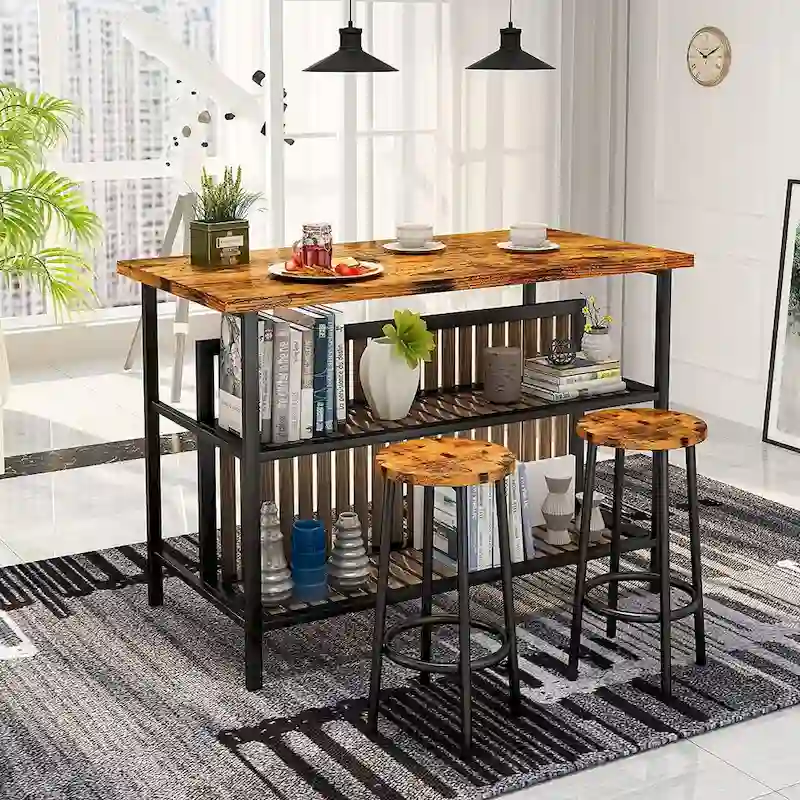 Kitchen Island with 2 Stools and Open Shelves