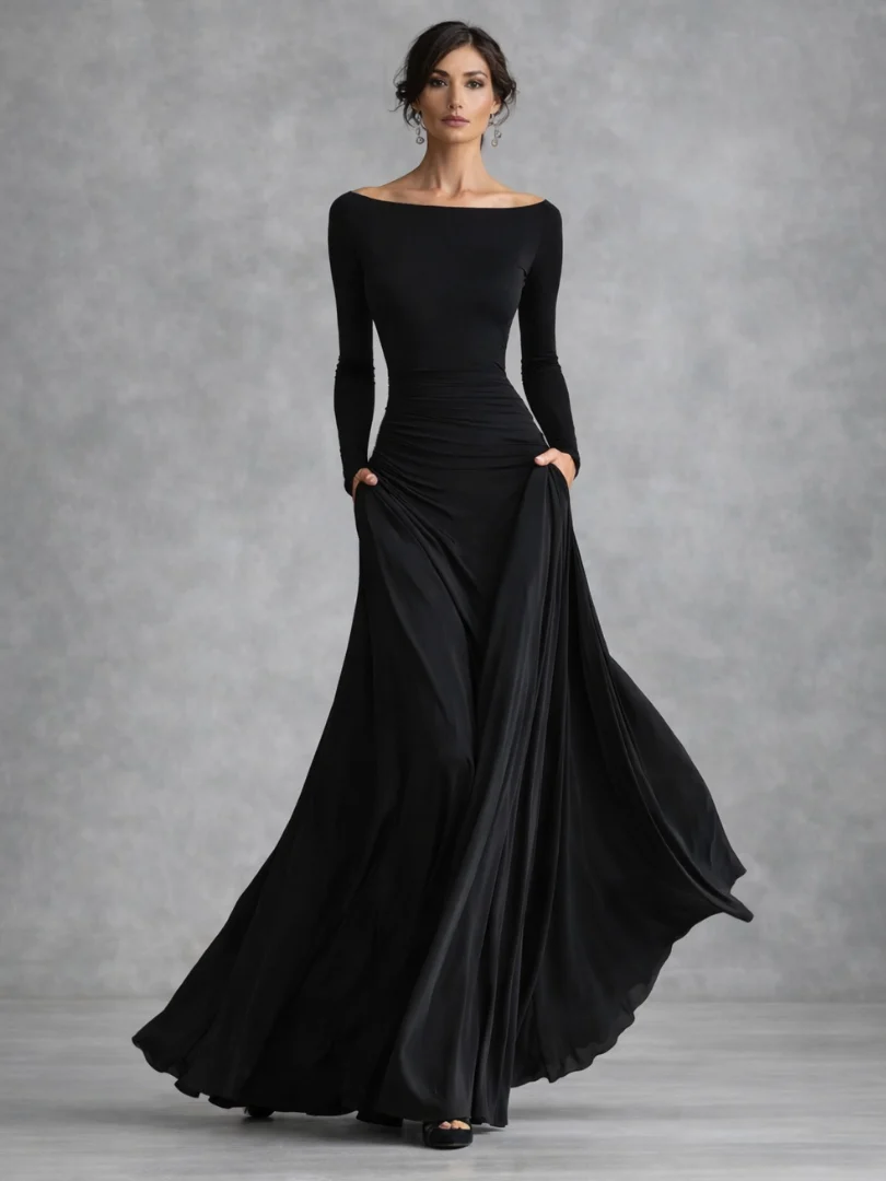 Womena??s Elegant Draped Maxi Dress with Long Sleeves