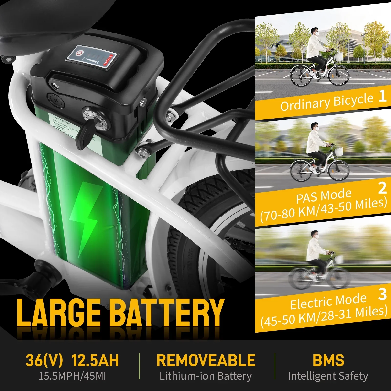 PEXMOR Elektromos kerékpár felnőtteknek, 350 W (csúcs 500 W) városi ingázó e-bike, 36 V 12,5 Ah kivehető akkumulátor, 26