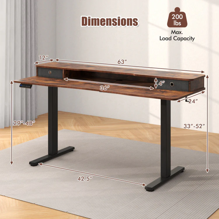 Electric Standing Desk with 2 Drawers, 3 Memory Positions, 63