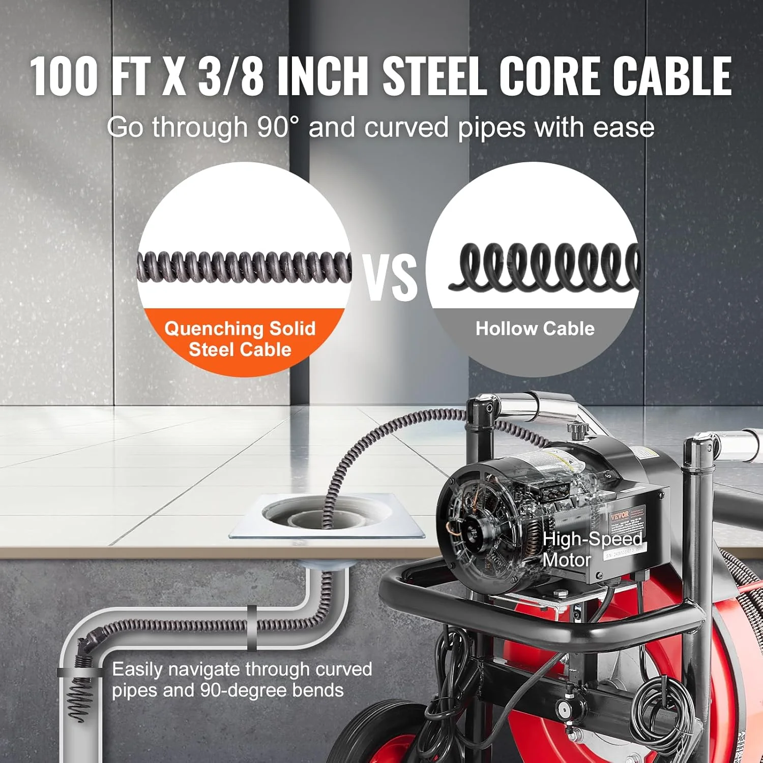 Drain Cleaner Machine 100FT x 1/2 Inch, Auto Feed Sewer Snake Auger on Wheels, 550W Portable Drain Cleaning Machine with 8 Cutters & Air-activated Foot Switch for 2