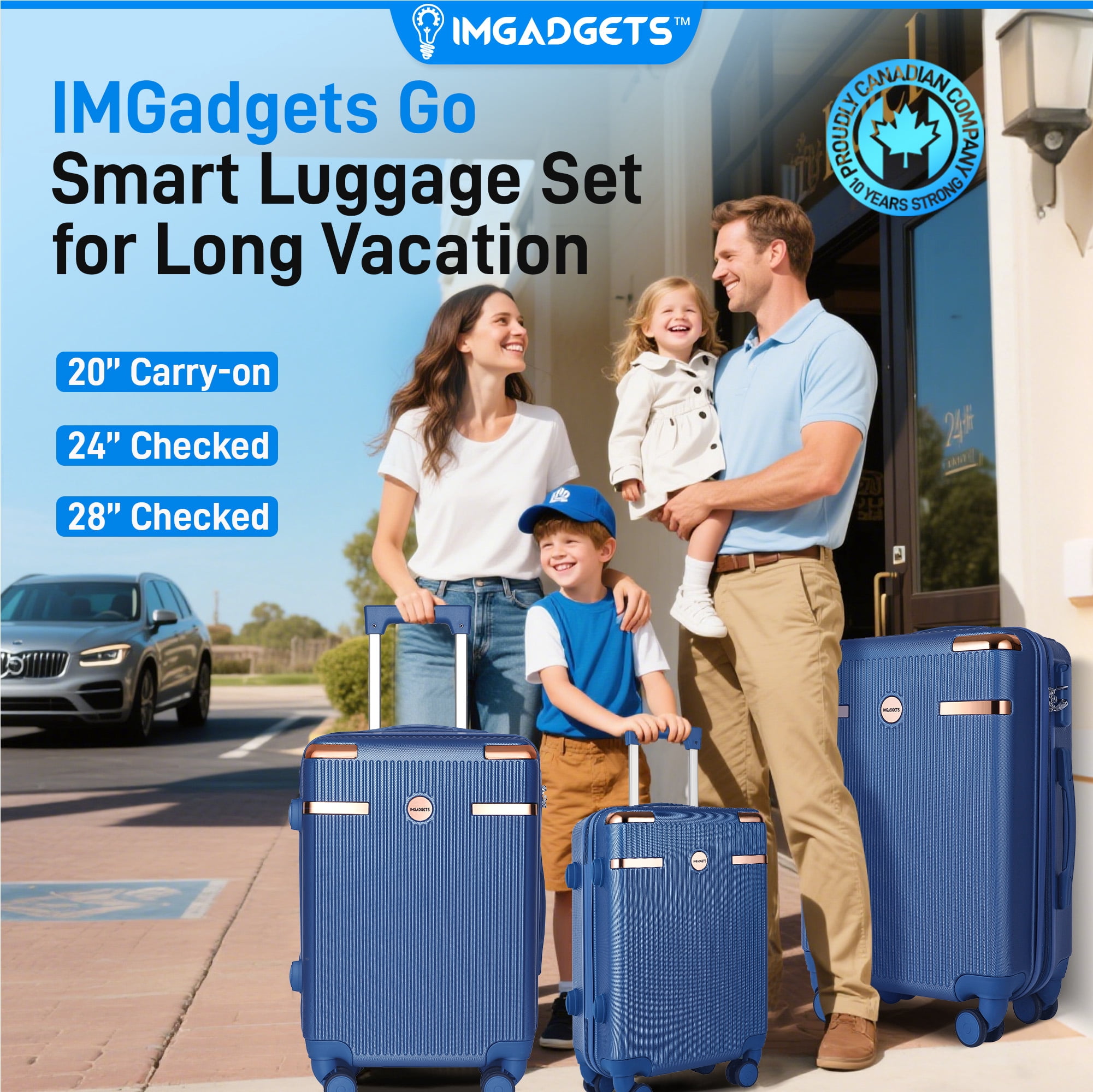 IMGadgets Go Luggage 3pc Set | Lightweight & Durable ABS Polycarbonate | 360° 4x Dual Spinner Wheels | TSA-Approved Lock | 3 GPS World Smart Tags | Spacious Design | Retractable Iron Handle