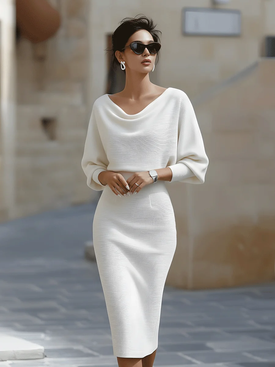 Womena??s Elegant Midi Dress with Batwing Sleeves for Summer Events