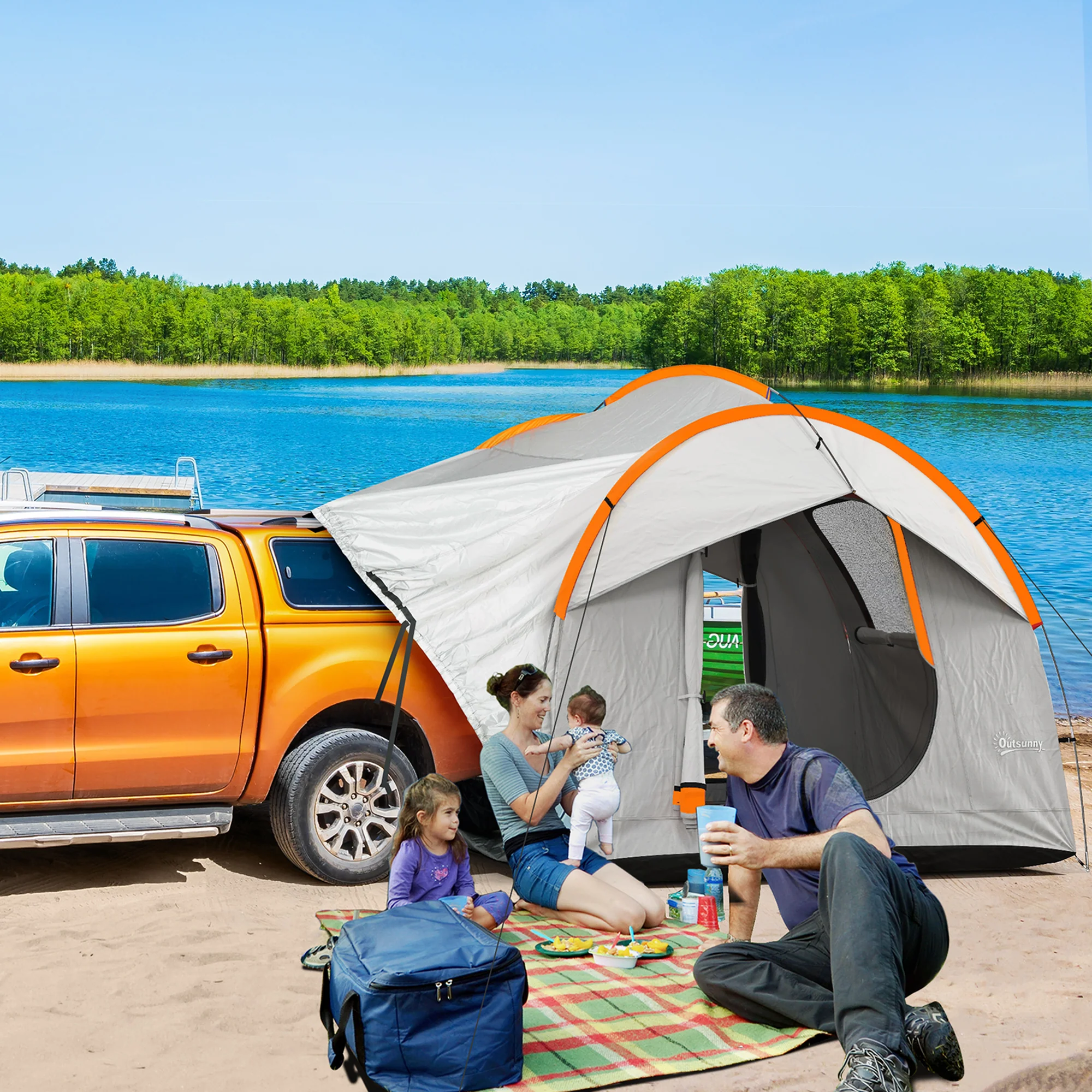 Outsunny Auto Tent Kampeertent, 3 deuren, weerbestendig, 239cm x 210cm x 210cm, Oranje + Grijs