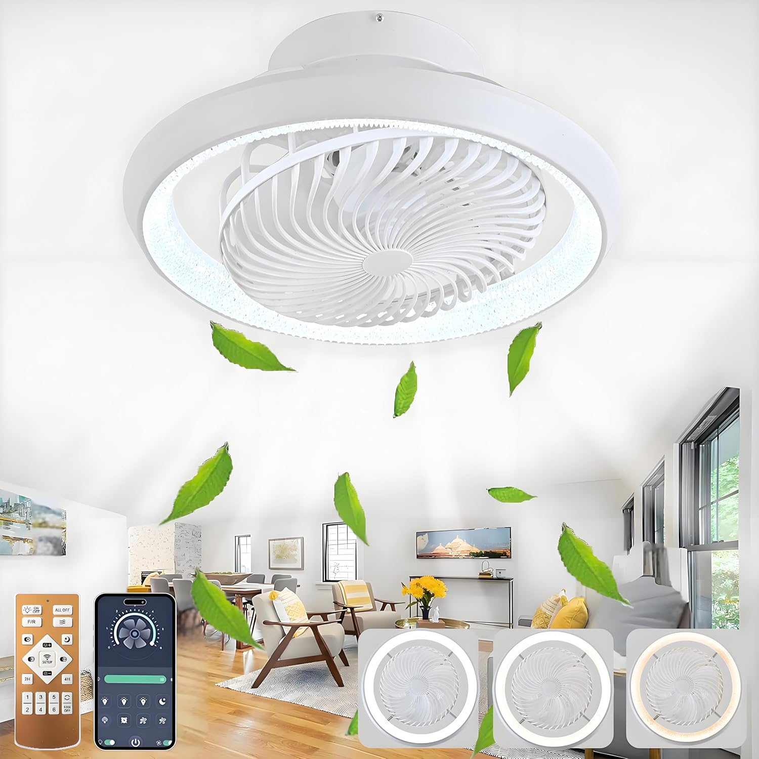 LED Deckenventilator mit Beleuchtung, Leise, 75W Deckenlampe mit Ventilator, Mit Fernbedienung und APP, 6-Gang Timer Lampe mit Ventilator, 360° Drehung, Reversibel, Interne Lumineszenz, Weiß
