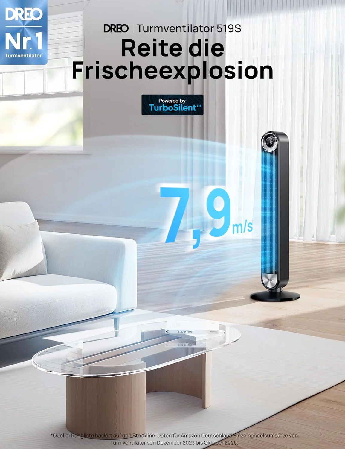DREO 25 dB Csendes intelligens toronyventilátor, 106 cm magas, 4 üzemmód, 9 sebesség, max. 7,9 m/s, 12 órás időzítő, 90°-os oszcilláló ventilátor távirányítóval, hangvezérlésű hűtés, Cruiser Pro T2S, fekete