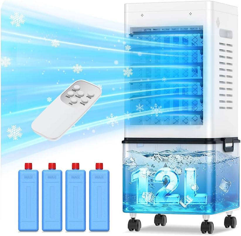 Portable Air Conditioners 45W, 3-side Air Intake 6 Mode Mobile Air Conditioner 12L Water Tank 24H Timer 60°/120° Oscillation Bladeless Remote Control Remote Control 4 Ice Box for Home, RV