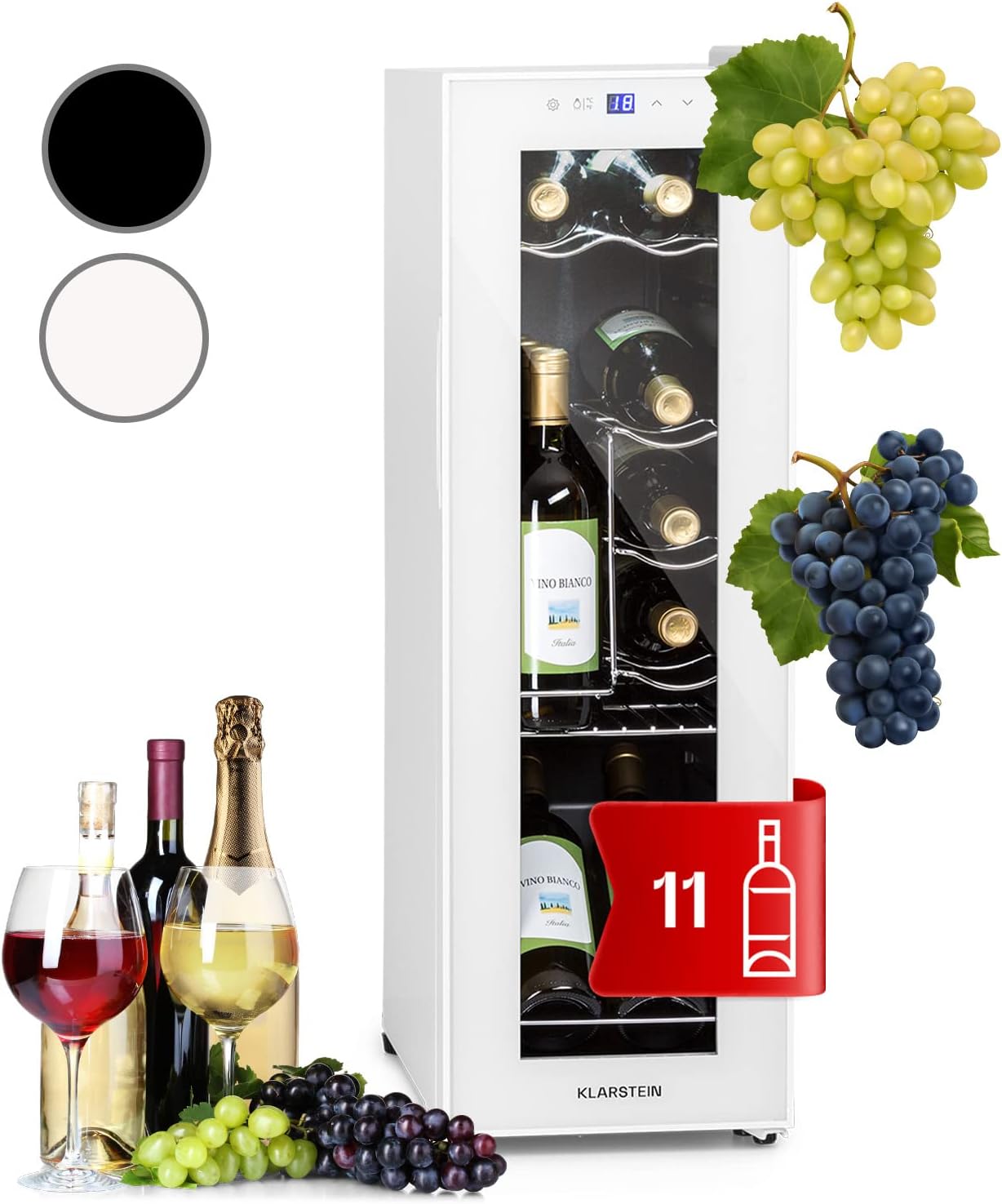 KLARSTEIN Design Wine Cellar, Single Zone Refrigerated Wine Rack for Red, White and Beer, Touch Controls, Fridge Wine Rack for Outdoor/Indoor, 5-18°C, 32L, 12 Bottles