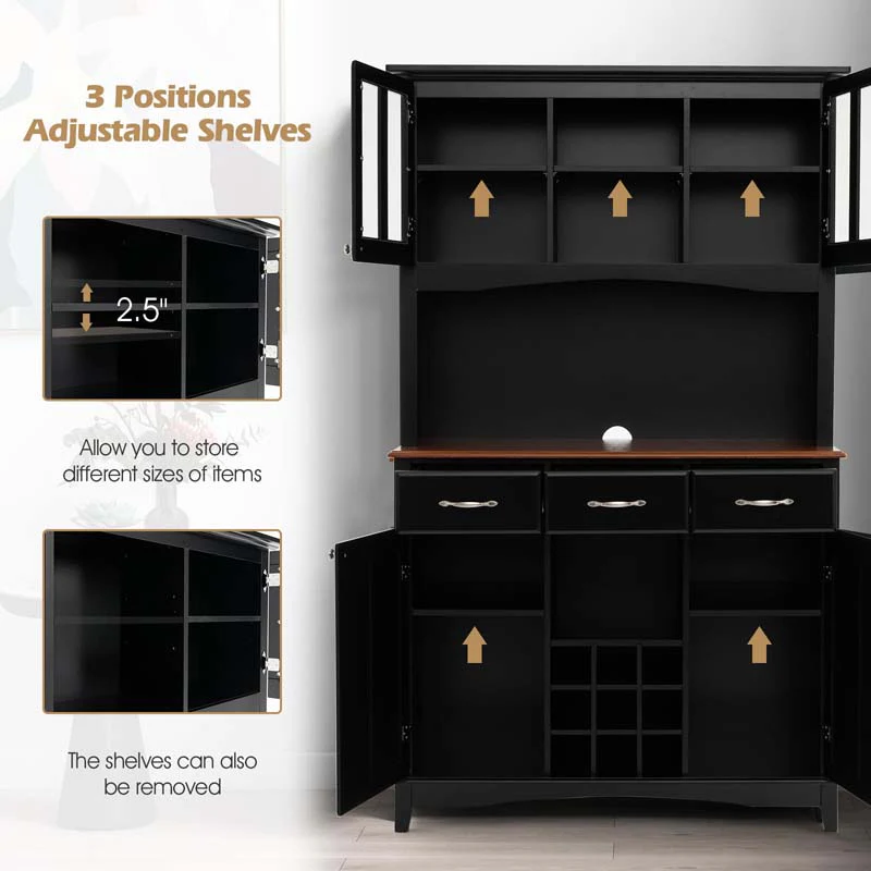 Wood Buffet Hutch Cabinet Kitchen Hutch Sideboard Kitchenware Server with 3 Large Drawers & 9 Wine Grids