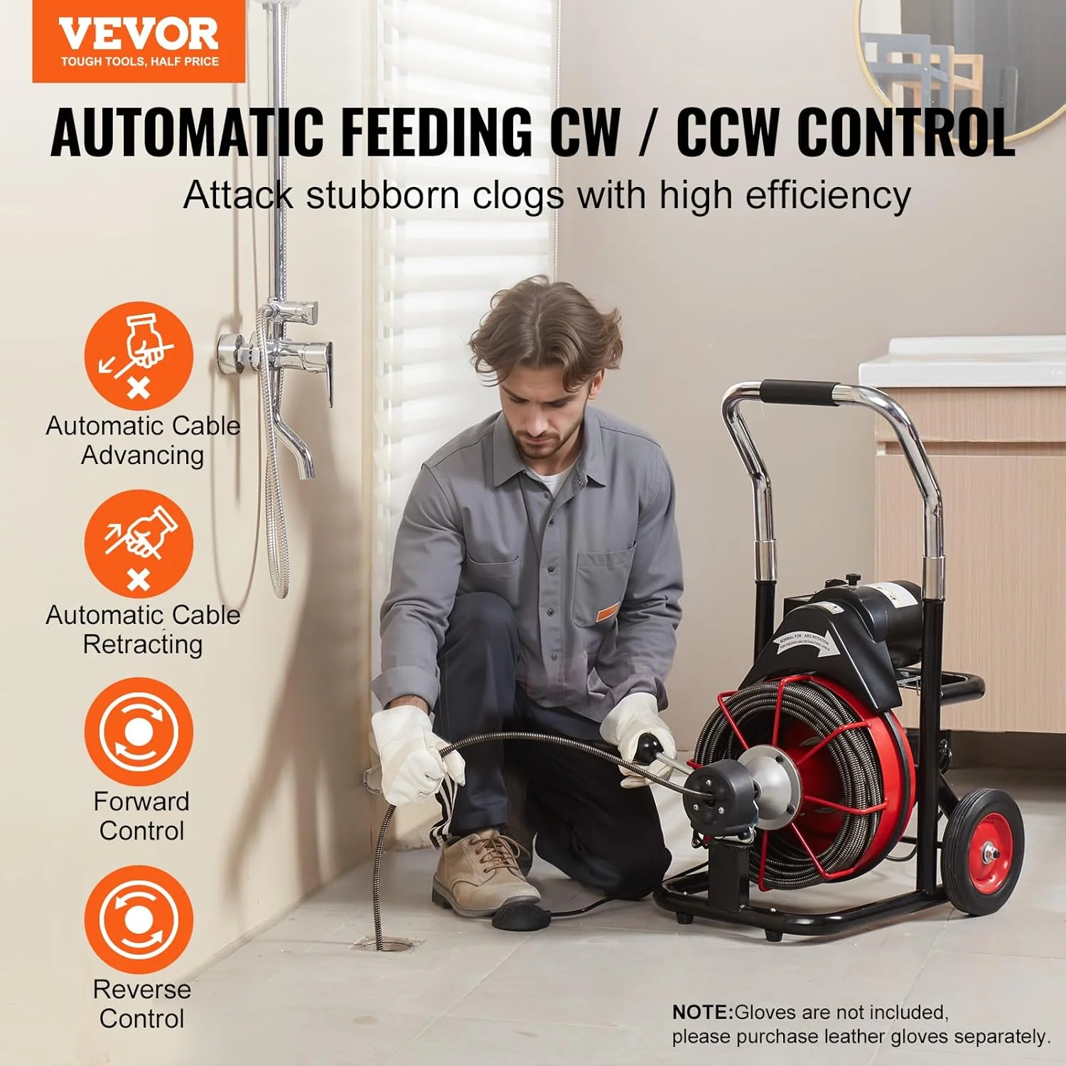 Drain Cleaner Machine 100FT x 1/2 Inch, Auto Feed Sewer Snake Auger on Wheels, 550W Portable Drain Cleaning Machine with 8 Cutters & Air-activated Foot Switch for 2