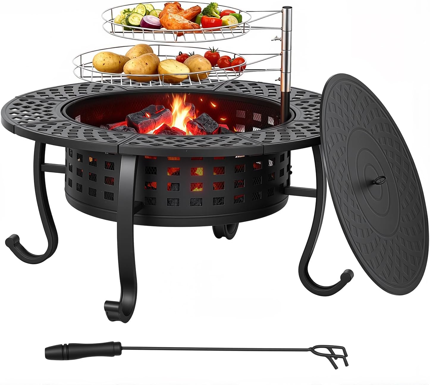 FDW 36 Inch Fire Pit with 2 Adjustable Grills,Wood Burning Fire Pits for Outside with Lid & Fire Poker, BBQ& Outdoor Firepit & Round Metal Table 3 in 1 for Patio, Picnic, Party