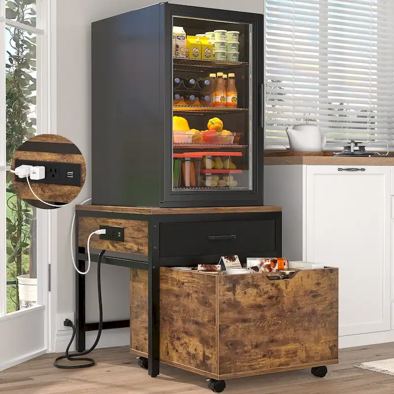 Mini Fridge Stand with Charge Station, Side/ End Table with Storage Drawers and Rolling Cabinet