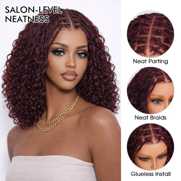 Glueless Boho Braided Black Cherry Loose Curly 13X6 Full HD Lace Front Wig Pull Go Drawstring Cap Human Hair Wig