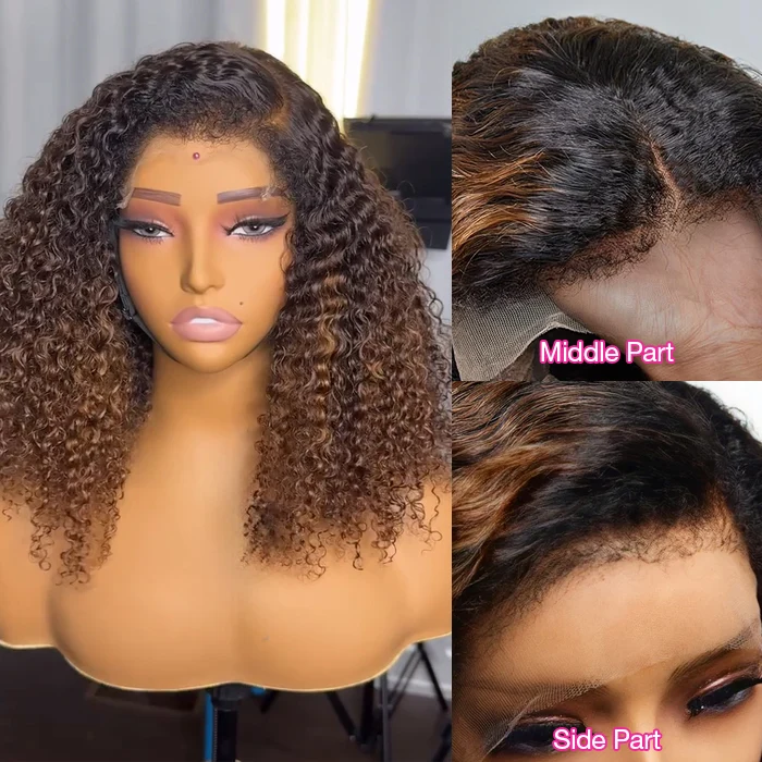 4c Edges Ombre Brown Curly Human Hair Lace Wig Natural Kinky Curly Edges Undetectable HD Lace Front Wig