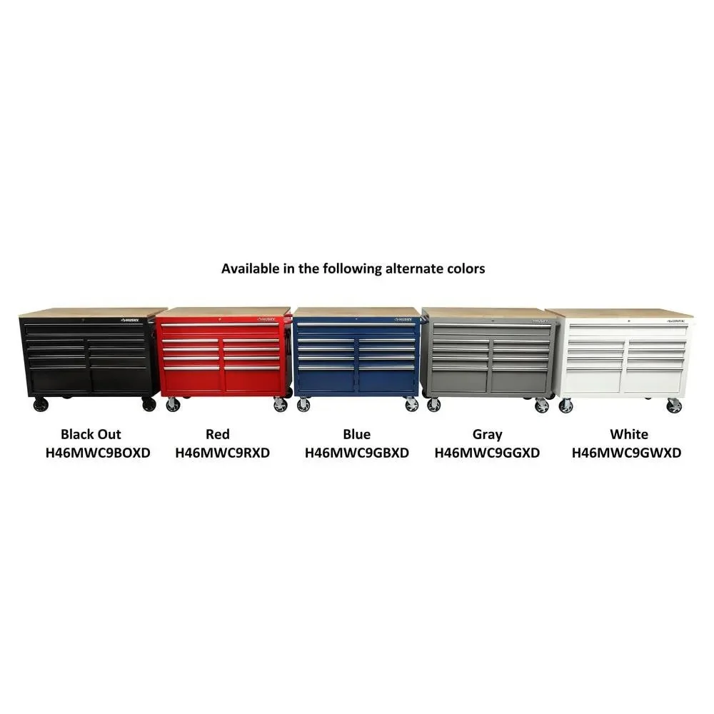 Mobile workbench with 9 drawers, hardwood top and power connection, 117 cm W x 62 cm D �C high-gloss black
