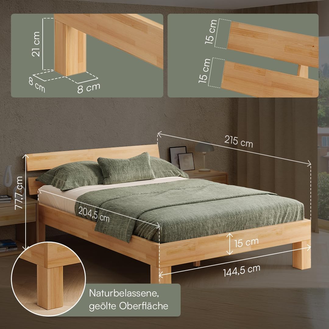 skølm Floki Massivholzbett 140x200 cm aus Buche - hochwertiges Bettgestell - Bettrahmen mit Bettkopf - Holzbett in Natur geölt - Bett 140x200 cm geeignet als Doppelbett - Futonbett