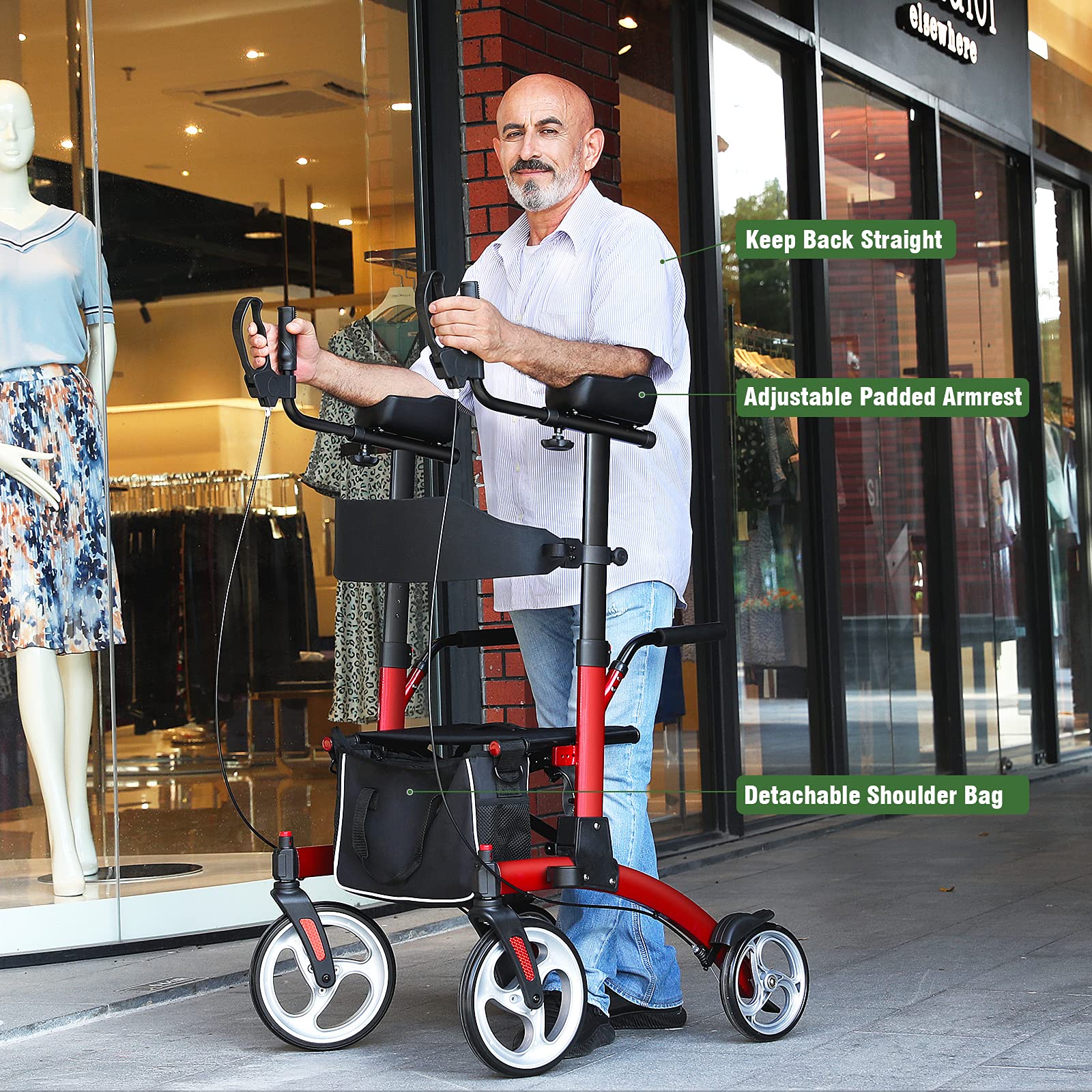 Healconnex Upright Rollator Walkers for Seniors- Stand up Rolling Walker with Seats and 10" Wheels, Padded Armrest and Backrest,Tall Rolling Mobility Aid with Basket, Foam Handle to Stand up