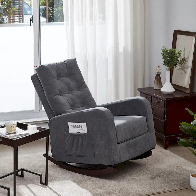 Modern 28.74 High Back Upholstered Buttons Tufted Rocking Chair with Solid Wood Legs and Side Pocket