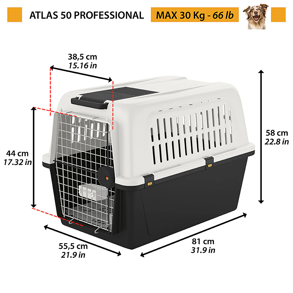 2025 Trasportino per Animali Atlas – sicuro, ventilato, con chiusura di sicurezza. Per auto, treno, nave e aereo. Opzionali: ruote e set di reti. Conforme IATA.