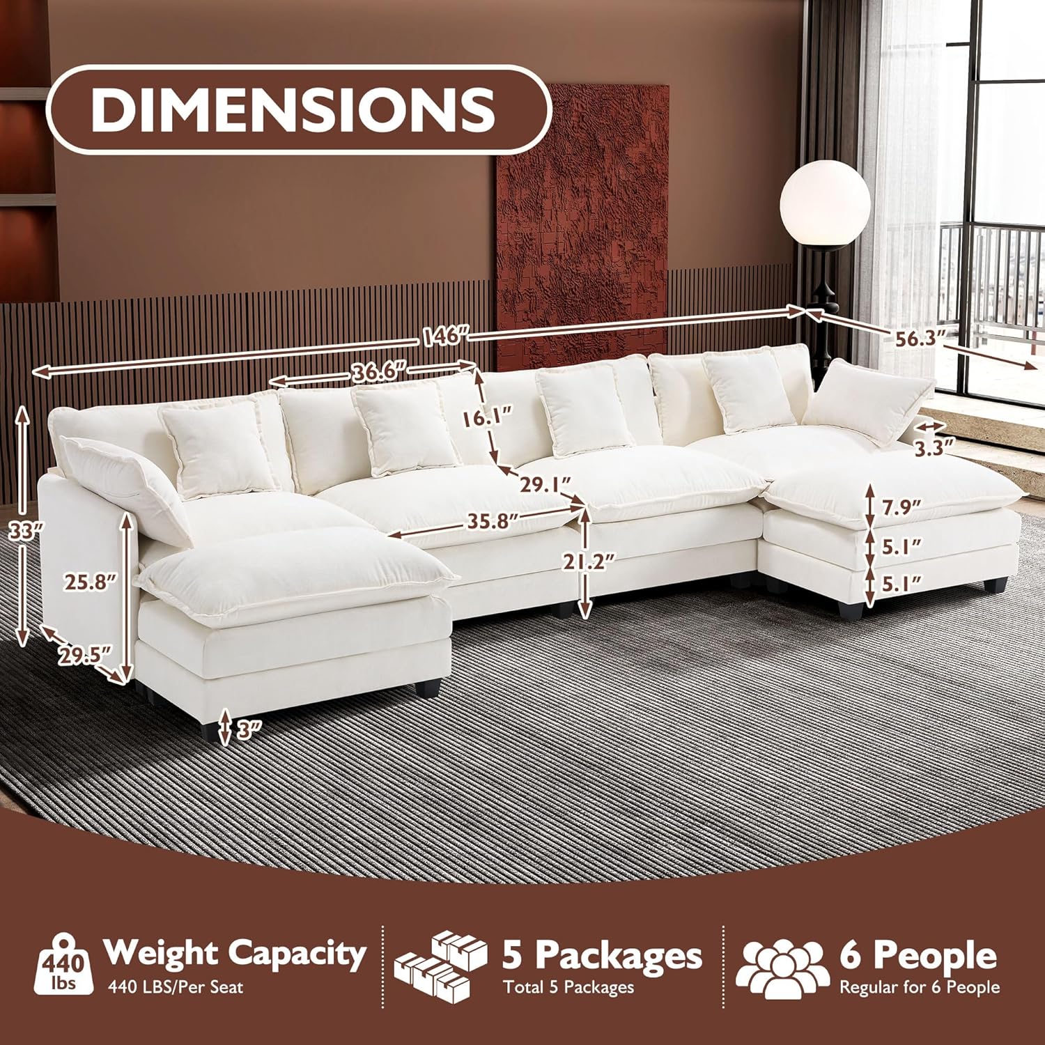 111.4 Inch L-Shaped Modern Sofa Modular Cloud Sofa Ottoman 4-Seater Chenille Deep Seat Sofa