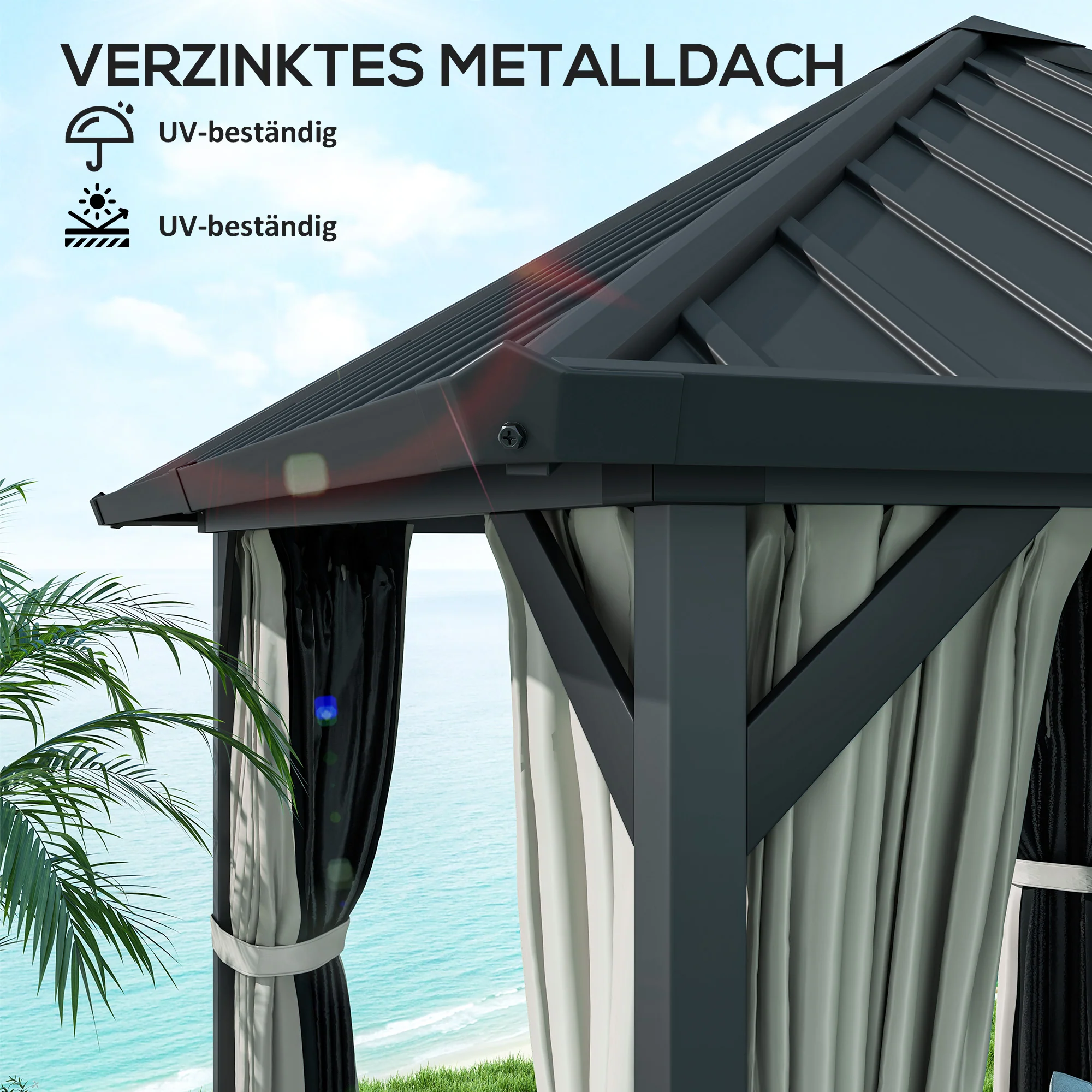 Outsunny 3 x 3m Harddak Paviljoen, Tuinpaviljoen met Metalen Dak, Waterbestendig Tuinzelt met Net en Zijwanden, Donkergrijs