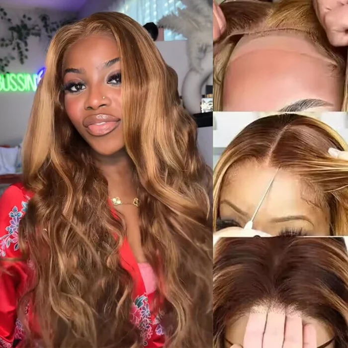 BOGO SALE| #4/27 Honey Blonde Highlight Glueless Pre-Cut 13X4 HD Lace Frontal Wig Ready & Go Body Wave Or Straight Wigs