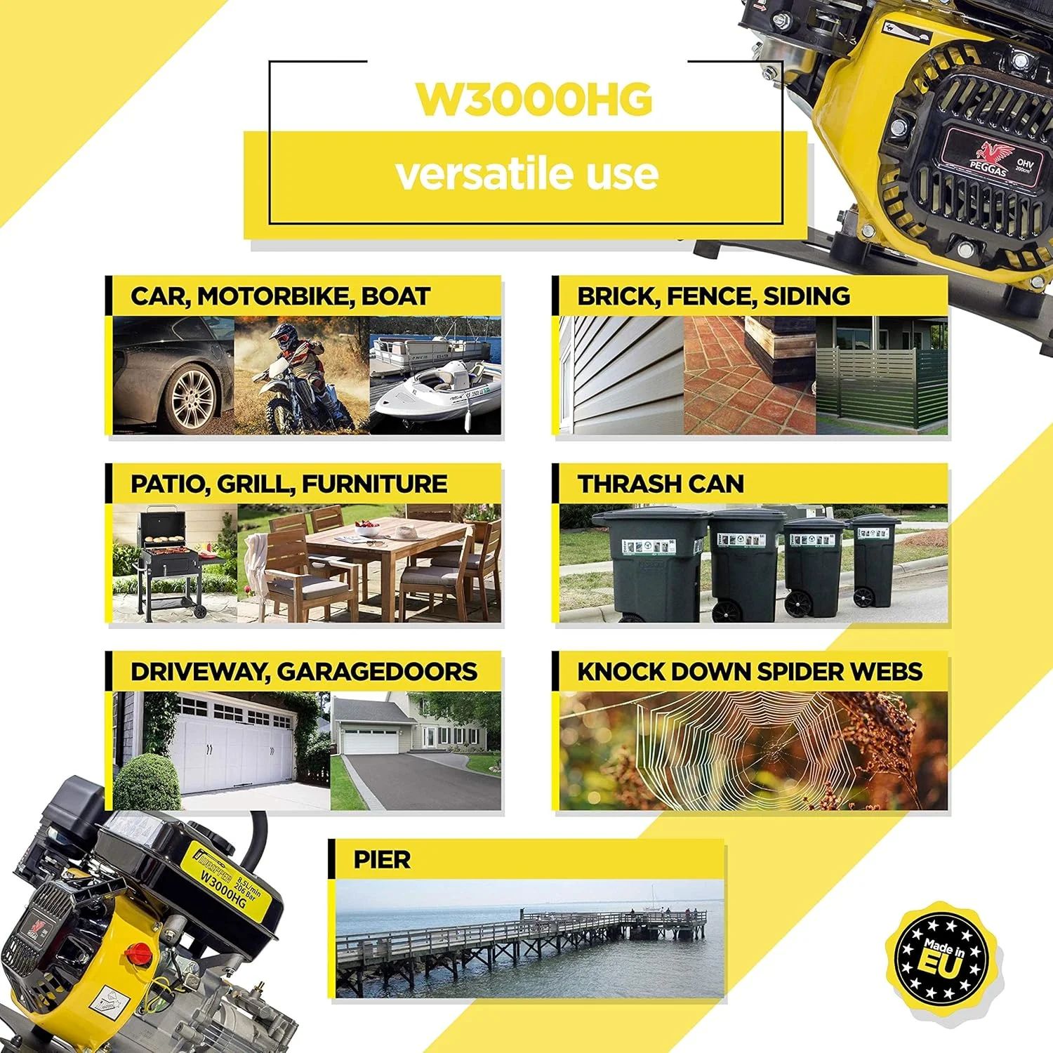 ✦ Idropulitrice a benzina 3000 PSI ✦ Motore a benzina 196cc Portatile W3000HG ✦ Pulitore per auto e patio ad alte prestazioni e qualità premium