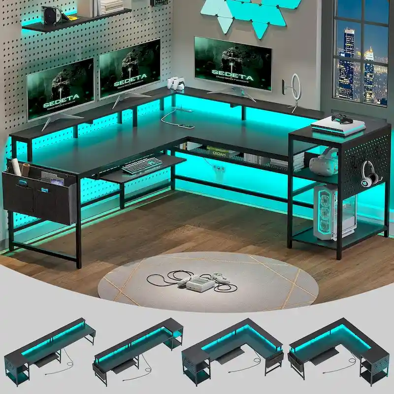 L Shaped Computer Desk Gaming Desk Keyboard Tray Power Outlets & LED