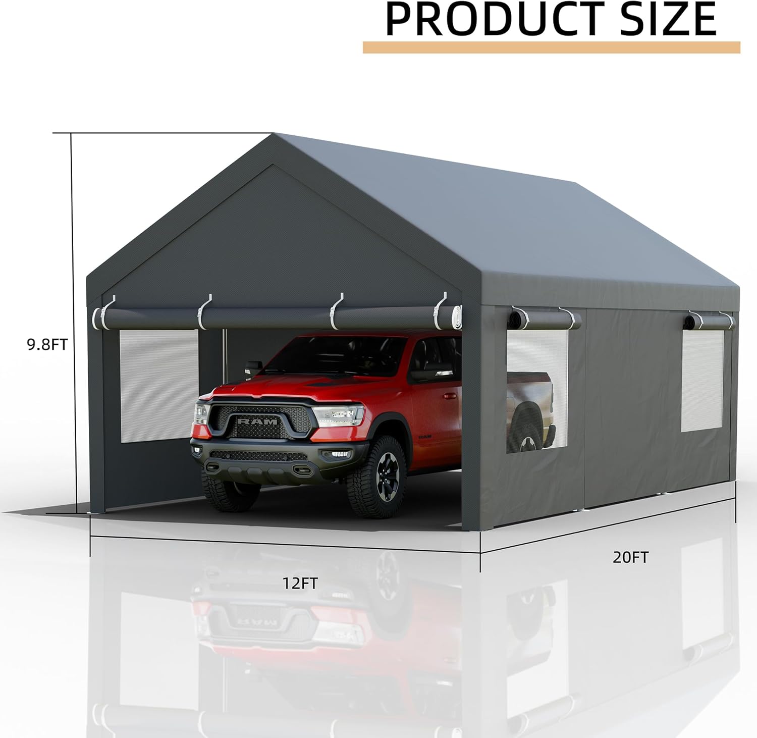 JY QAQA Carport  12x20 FT Heavy Duty Carport with Removable Side Walls and Doors  Portable Garage with Roll-Up Window and Sandbags  Car Canopy with All-Season Tarp for Cars  Trucks  Boats  Grey