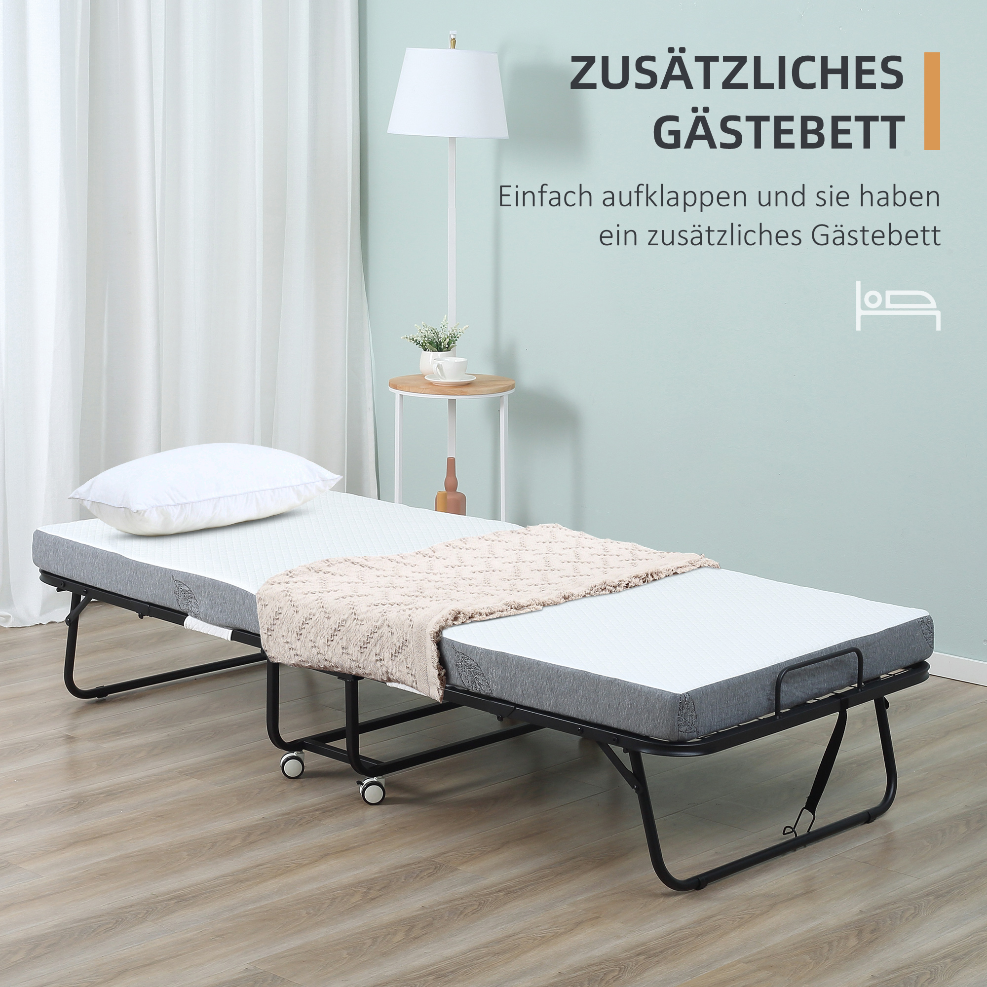 HOMCOM Opklapbaar bed 1 persoons met wielen verstelbaar, tot 150 kg, wit + zwart, 200 x 75 x 42,5 cm | Aosom.nl
