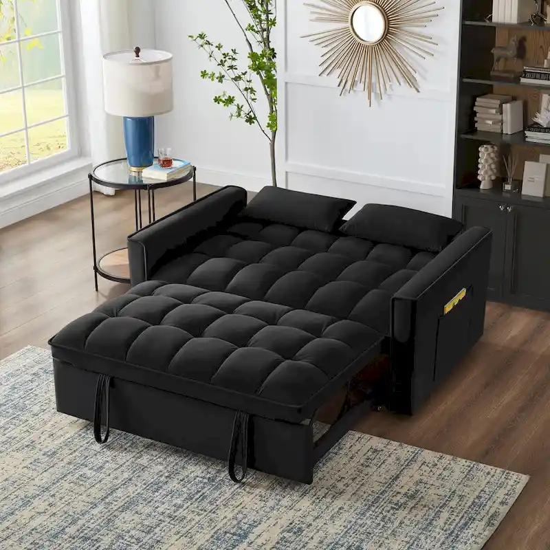 4-in-1 Pull-Out Sleeper Sofa Bed - Loveseat in Velvet -Convertible Couch Bed with Reclining Backrest,2 Side Pockets