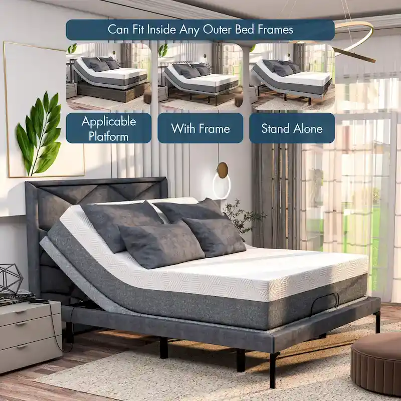 Renanim Adjustable Bed with 14  Mattress, Anti-Snore Preset, Dual Massage, USB Ports, App Control, Remote, Underbed Light