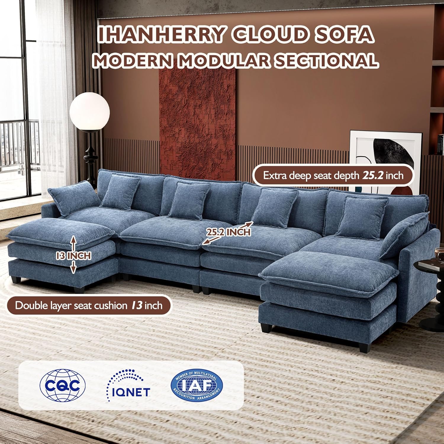 111.4 Inch L-Shaped Modern Sofa Modular Cloud Sofa Ottoman 4-Seater Chenille Deep Seat Sofa