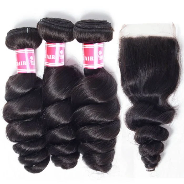 Loose Wave Human Hair 3 Bundles With 4*4 Lace Closure Free Part 10A Unprocessed Virgin Hair