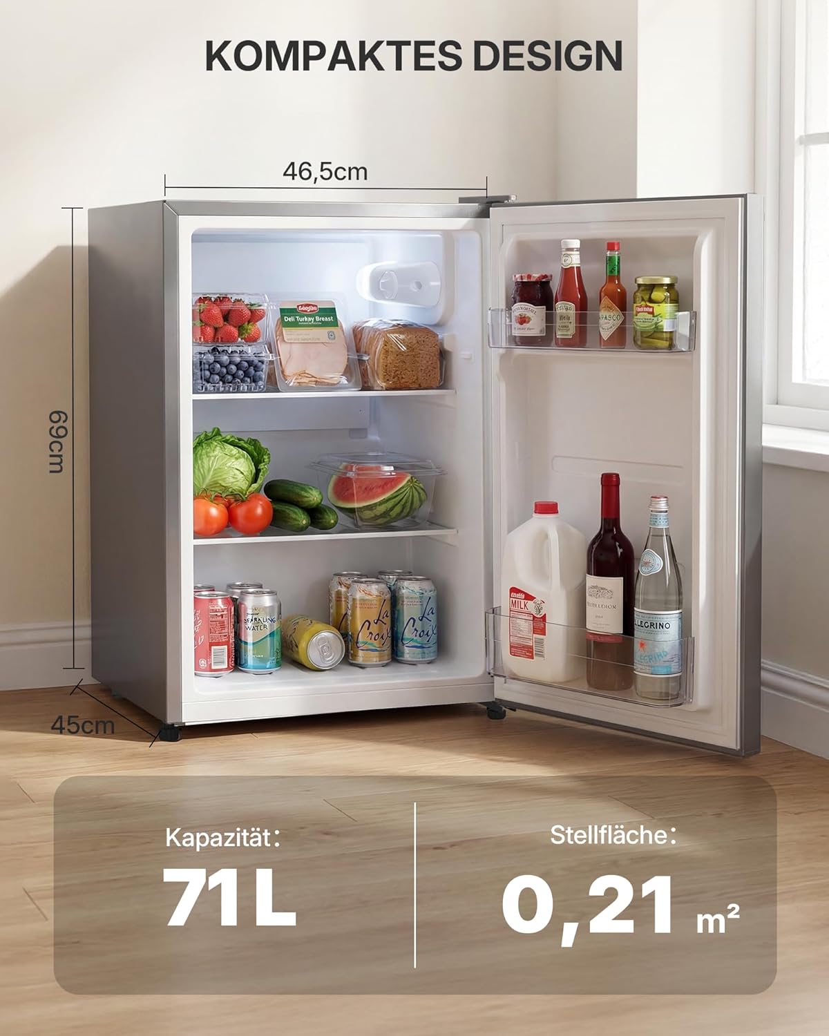 Upstreman 71L Kühlschrank Ohne Gefrierfach, 1-10°C 7-stufige Temperaturregelung, LED-Beleuchtung,40 dB Leise, Energiesparender Vollraumkühlschrank für Schlafzimmer Büro Küche, CR71-Silber