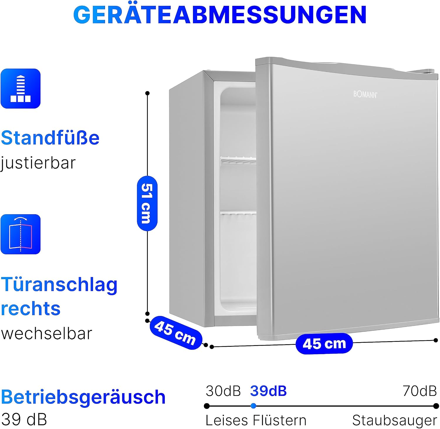 Bomann® Mini Kühlschrank 42 Liter | Getränkekühlschrank klein für Büro, Camping und Gaming | kleiner Kühlschrank leise 39 dB | Minibar mit wechselbarem Türanschlag | 51x45x45 cm | KB 7346 inox