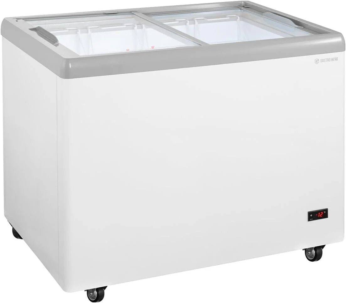 GastroHero fagylaltfagyasztó láda 284 liter, mélyhűtő láda LED világítással, tolóüvegfedéllel, görgőkkel, ipari fagyasztószekrény, fagylaltos láda, eladás –18 °C gasztronómia, büfé