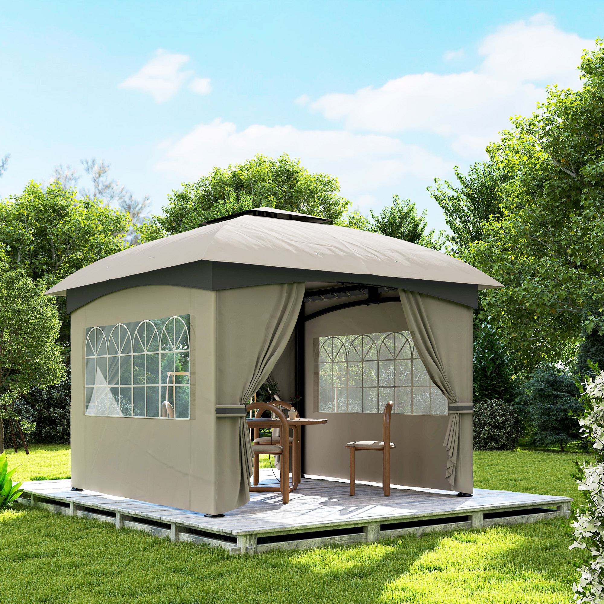Outsunny 3,4 x 3,4 m Tuinpaviljoen, Feesttent met Ventilatiedak, Boogvensters, Stalen Frame, Lichtgrijs