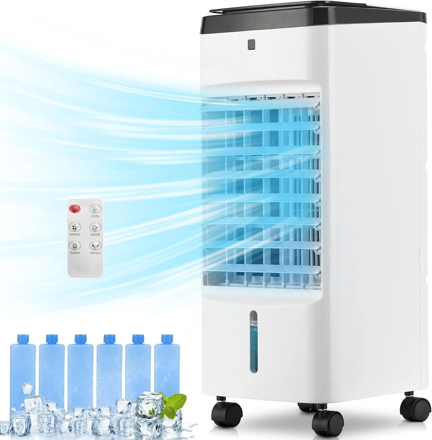 Uthfy Portable Air Conditioners, 3 IN 1 Evaporative Air Cooler with Detachable Water Tank, 6 Ice Packs, 12H Timer, 120掳 Oscillation, Remote, 3 Speeds, 4 Modes, Swamp Cooler for Bedroom, Office