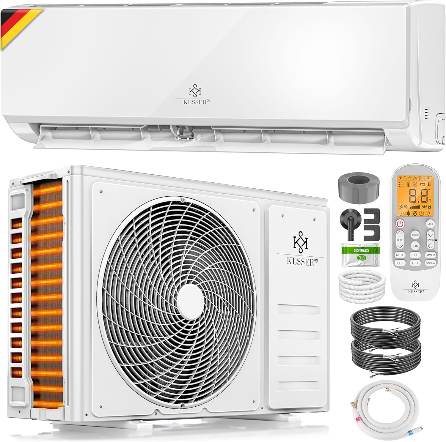 KESSER Klimaanlage Set Split - mit WiFi/App Funktion Klimagerät - Kühlen A++/ Heizen A+ - 9000 BTU/h (2.600 Watt) Kältemittel R32 - Fernbedienung, Timerfunktion - Inkl. komplettem Montagematerial