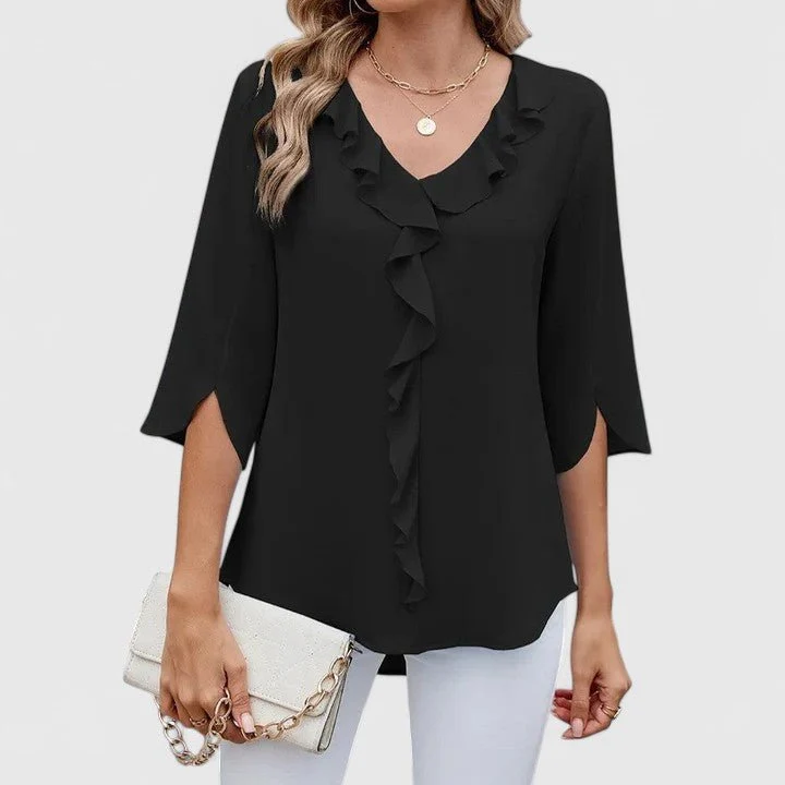 Women's Chiffon Blouse Ruffle V-Neck Half-Sleeve Style