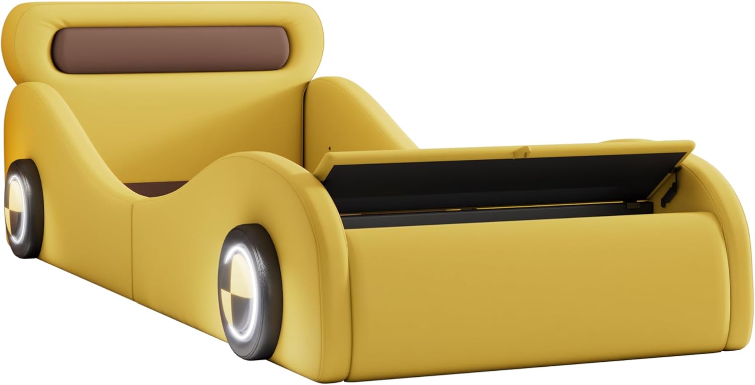Autobett Kinderbett Jugendbett 90x200, Polsterbett Einzelbett mit leuchtenden Rädern&Stauraum, Aufregendes Auto Kinderbett für kleine Rennfahrer, Kinder Spielbett mit Lattenrost, PU,Ohne Matratze,Gelb