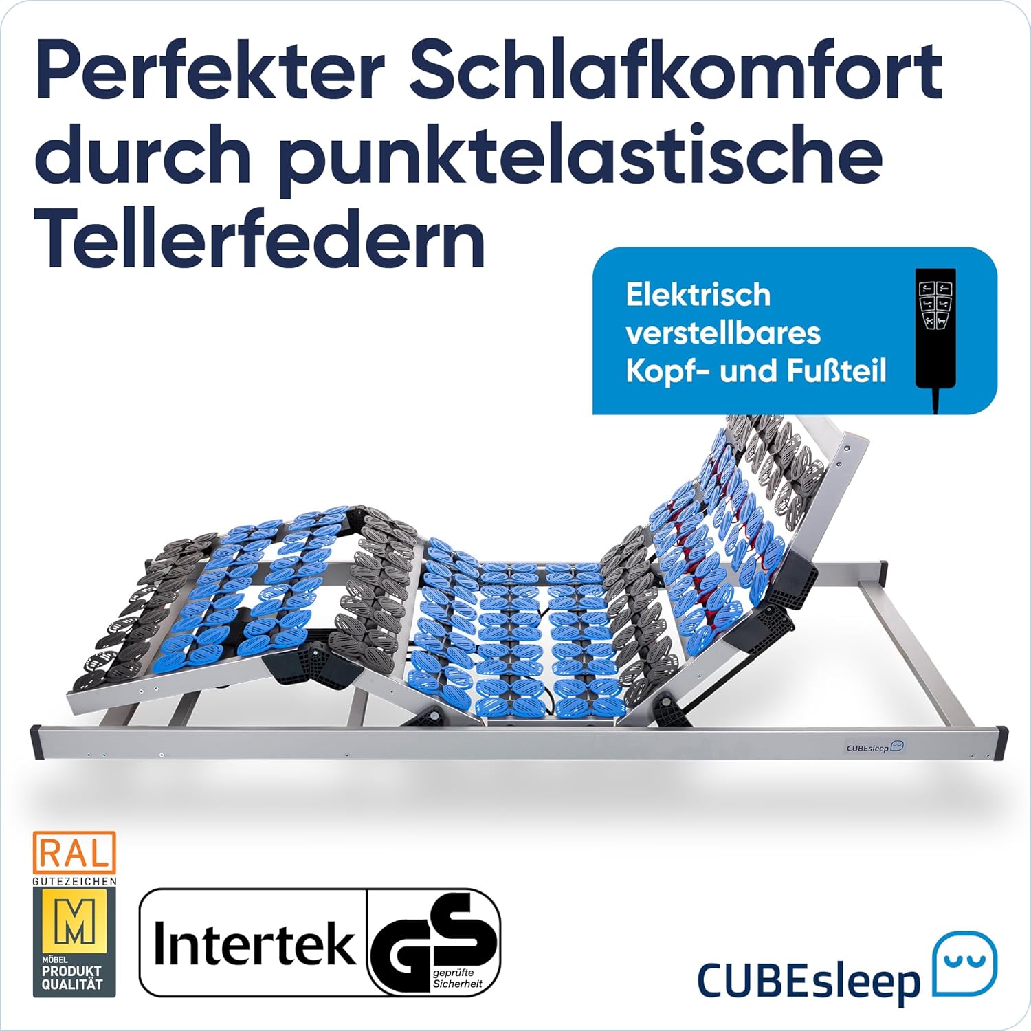 CubeSleep 7-Zonen Tellerfeder-Lattenrost Cloud 90x200 cm | Kopf- und Fußteil elektrisch verstellbar | Made In Germany | GS Zertifiziert – geprüfte Sicherheit | fertig montiert